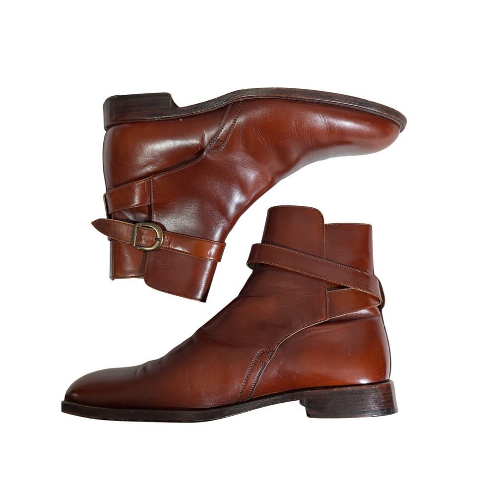 FRAGIACOMO! STUNNING PECAN BROWN GENUINE LEATHER ANKLE BUCKLE MENS BOOTS! SZ 8M - Picture 5 of 10